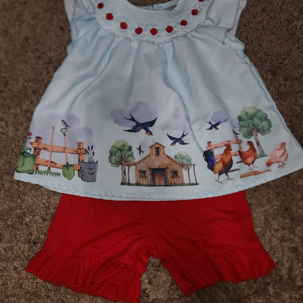 Smocked Farmhouse Print Baby Outfit with Red Shorts Size 6-12m